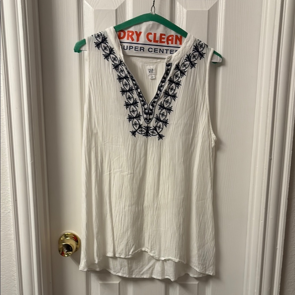 White Sleeveless Top with Blue Embroidery